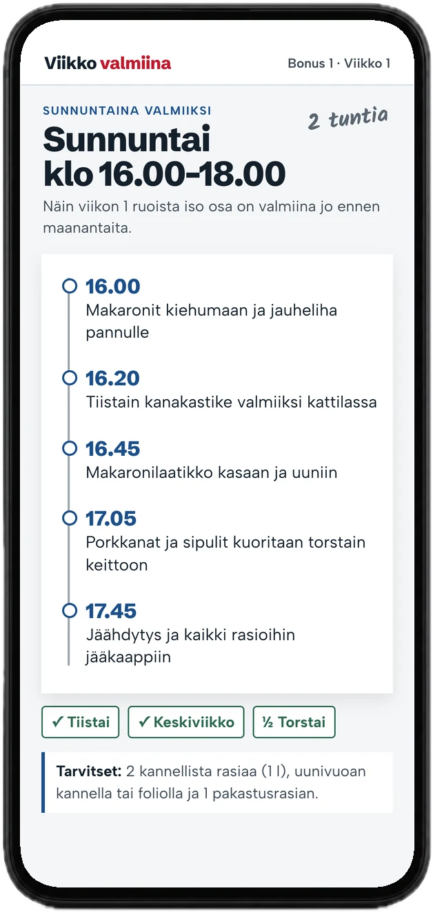 Sunnuntain esivalmistelu puhelimessa: kellonajat kello 16.00–18.00 ja tarvittavat rasiat