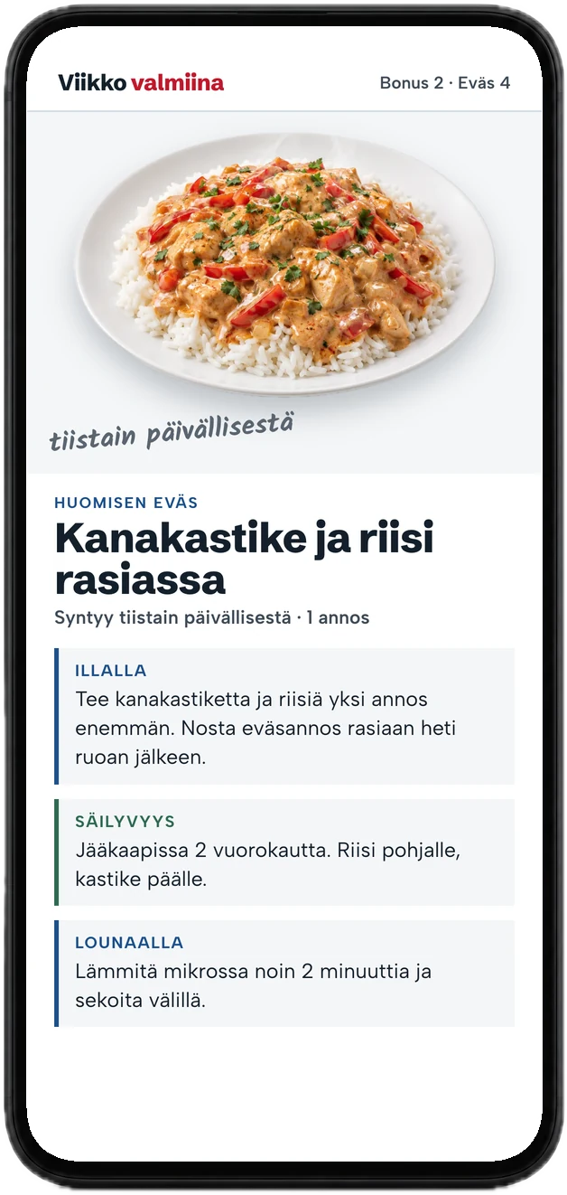 Eväsresepti puhelimessa: kanakastike ja riisi rasiassa, säilyvyys ja lämmitys