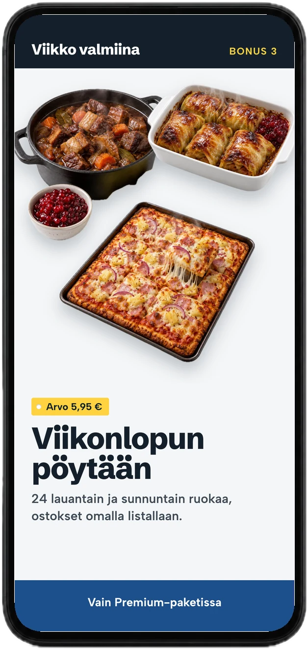 Bonusoppaan Viikonlopun pöytään kansi puhelimessa: karjalanpaisti, kaalikääryleet ja pellillinen pizzaa