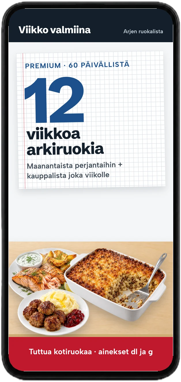 Ruokalistan kansi puhelimessa: 12 viikkoa arkiruokia