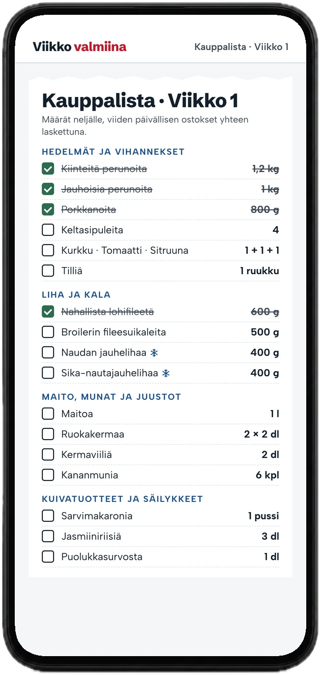 Viikon 1 kauppalista puhelimessa osastoittain, osa jo rastitettu