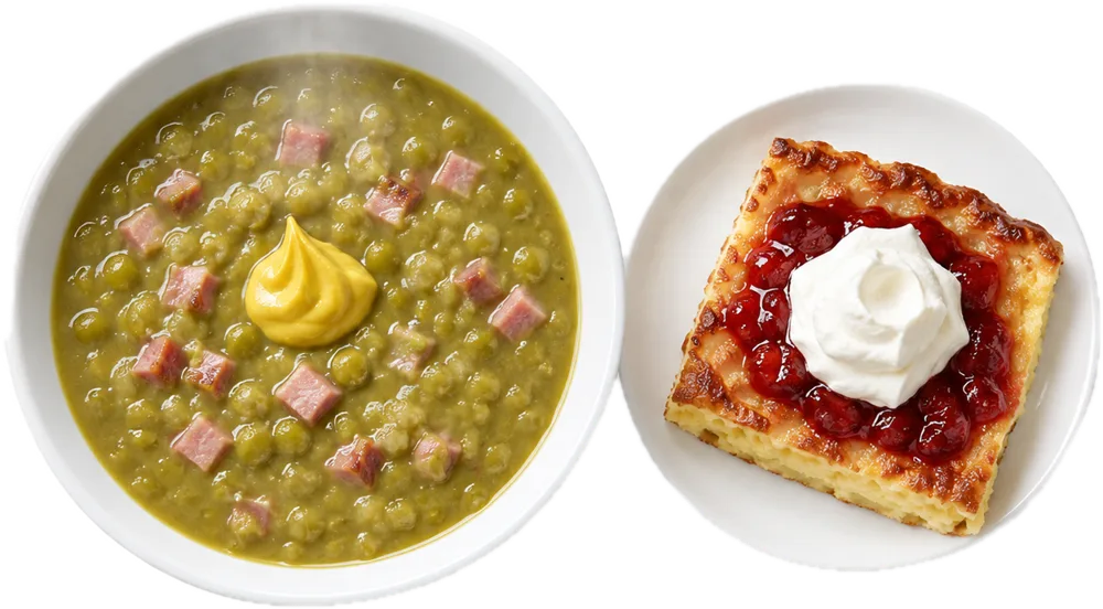 Hernekeitto sinapin kanssa ja pannukakku mansikkahillolla