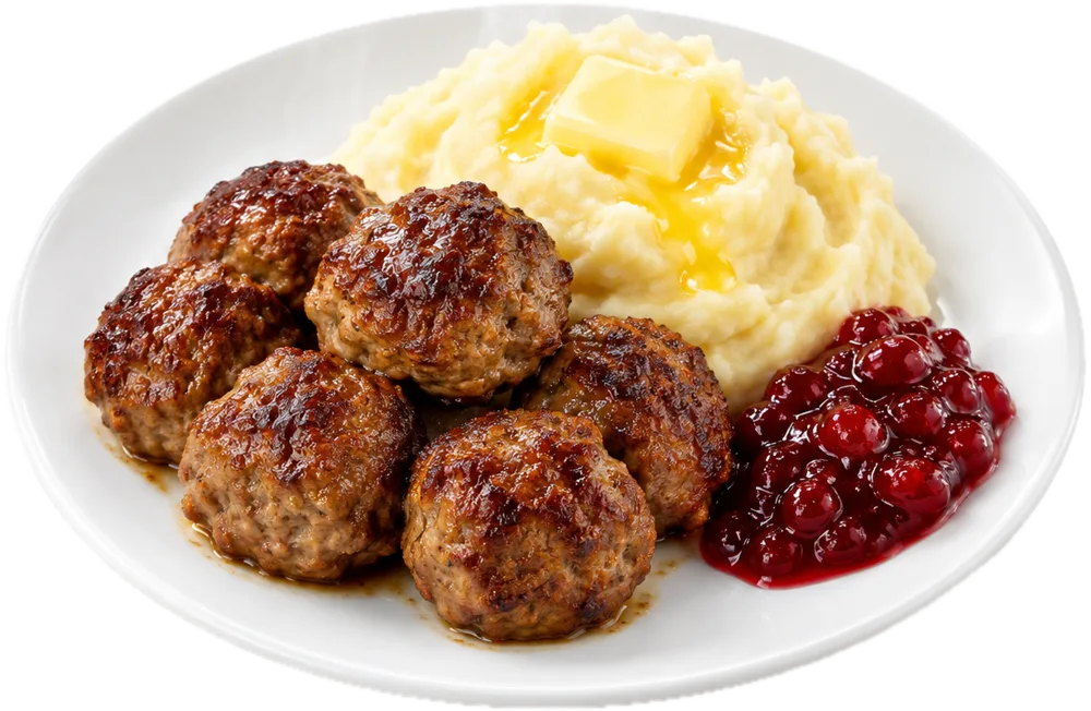 Uunilihapullat, perunamuusi ja puolukkasurvos lautasella
