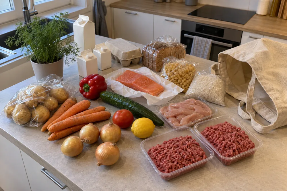Juuri puretut ostokset keittiön tasolla: perunoita, porkkanoita, sipuleita, lohta ja maitoa